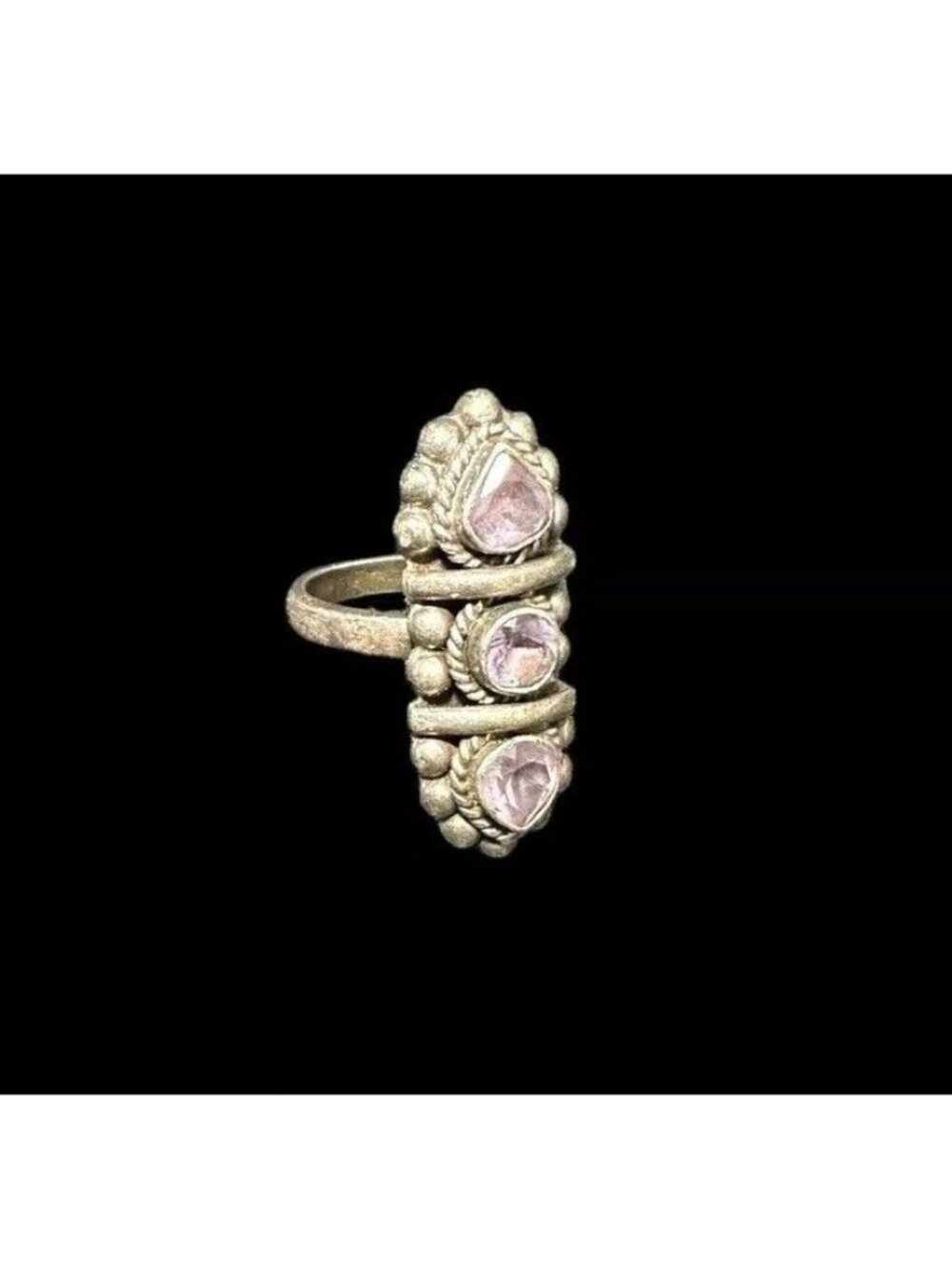 Sterling Silver Three Stone Amethyst Ring Ethnic Size 6 Vintage 2.5mm Band